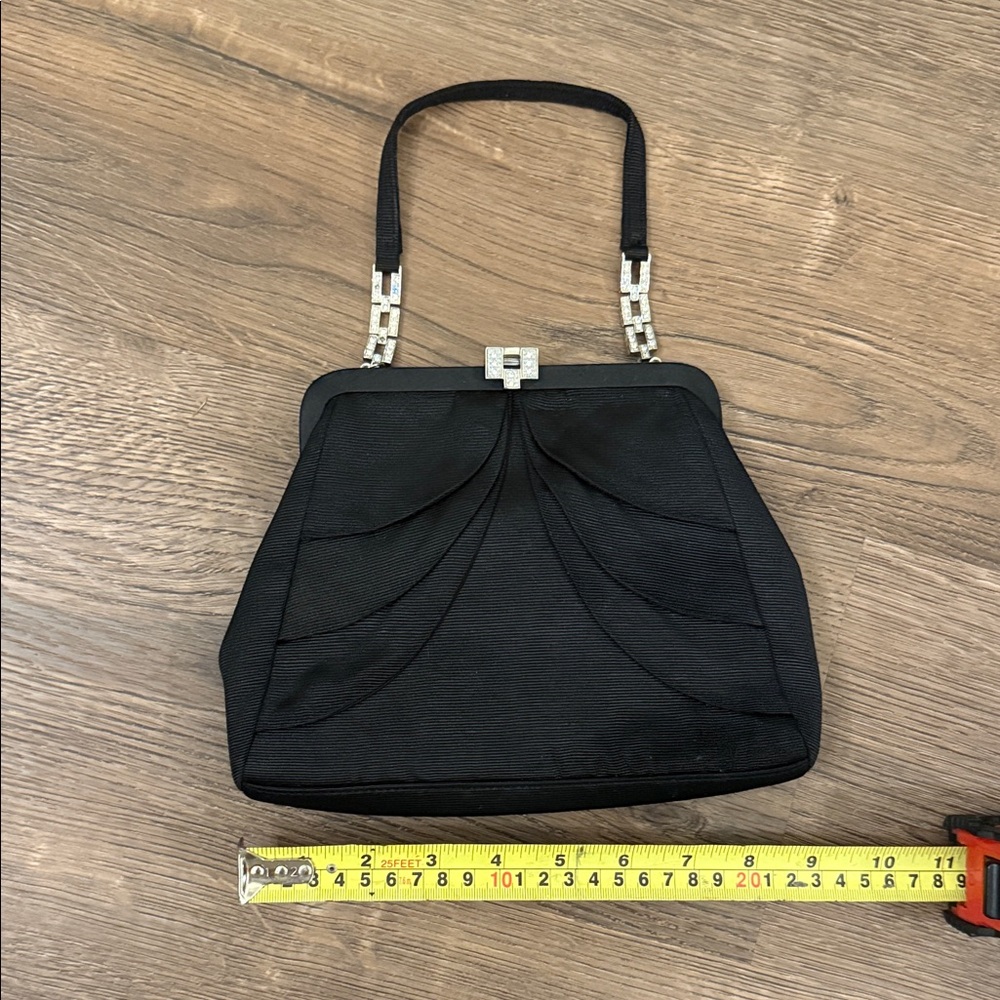 Vintage Silk Kenneth Jay Lane Black Evening Clutch with Rhinestone Chain Accents